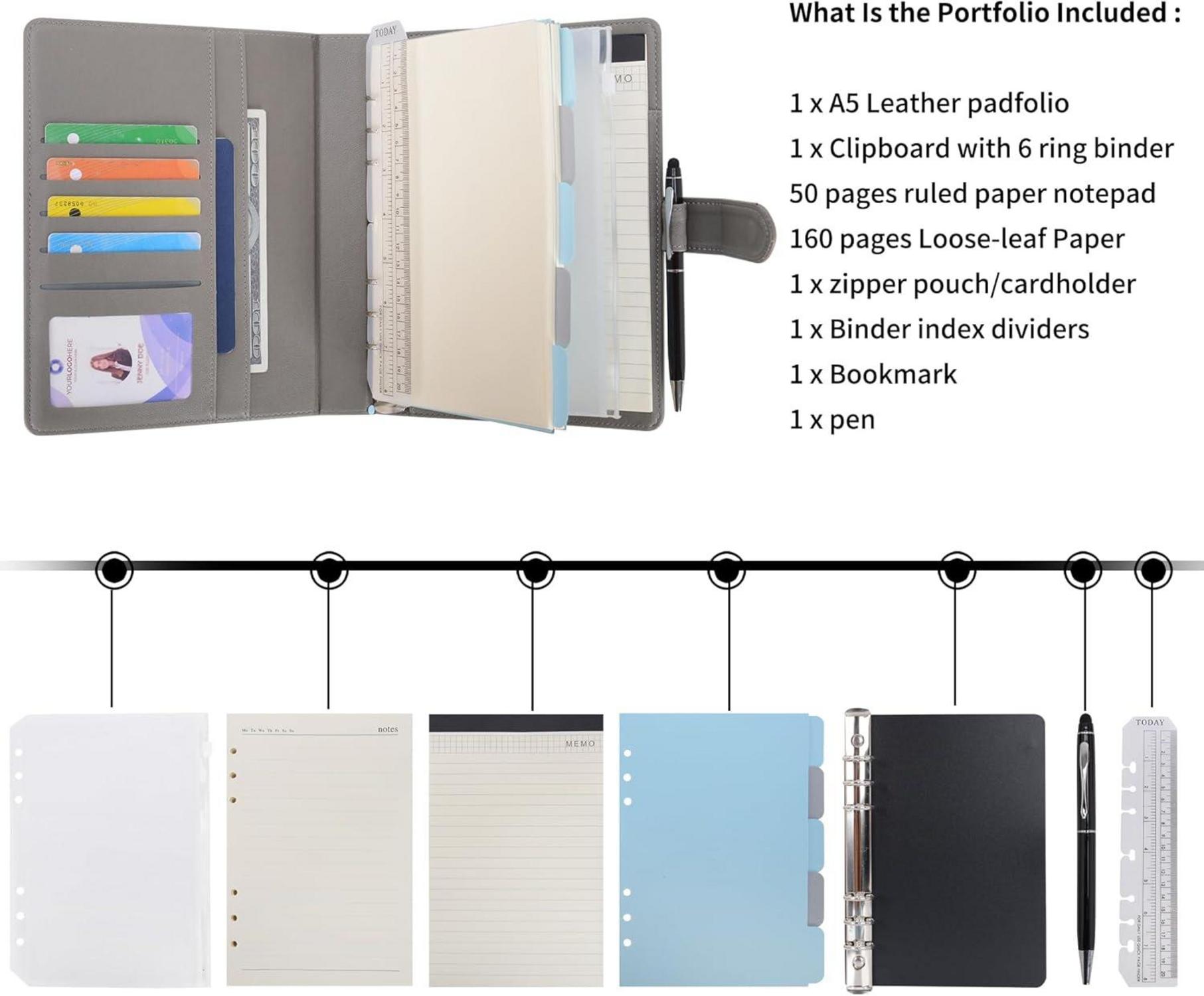 Nachfüllbares A5 Liniertes PU Leder Journal mit Ringbuchordner - Grau