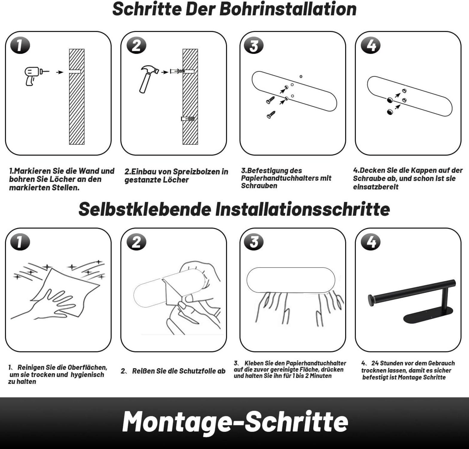 Küchenrollenhalter Schwarz Edelstahl Ohne Bohren - Wandhalterung, Einfahrbar