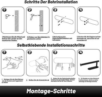 Küchenrollenhalter Schwarz Edelstahl Ohne Bohren - Wandhalterung, Einfahrbar