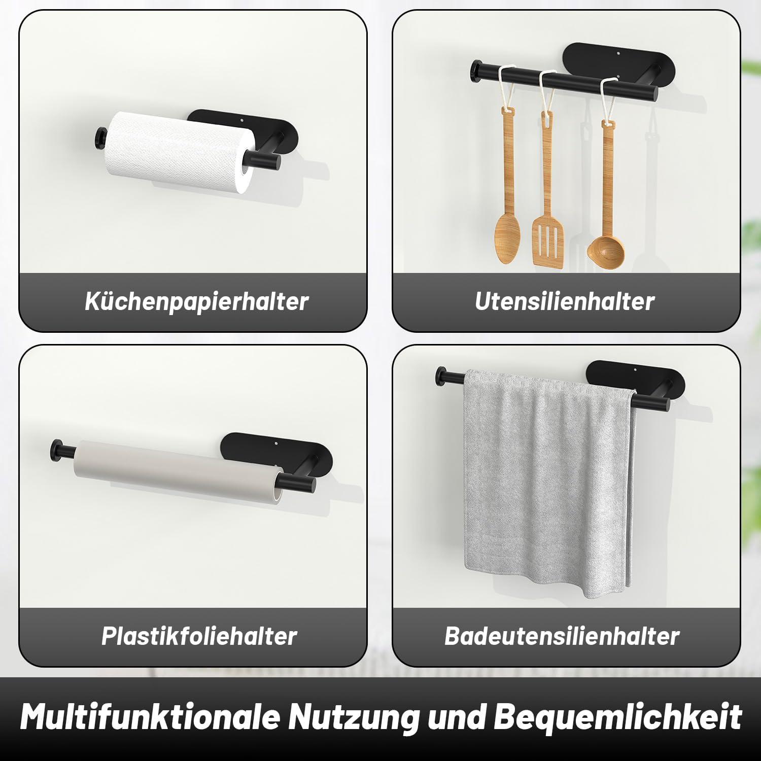 Küchenrollenhalter Schwarz Edelstahl Ohne Bohren - Wandhalterung, Einfahrbar