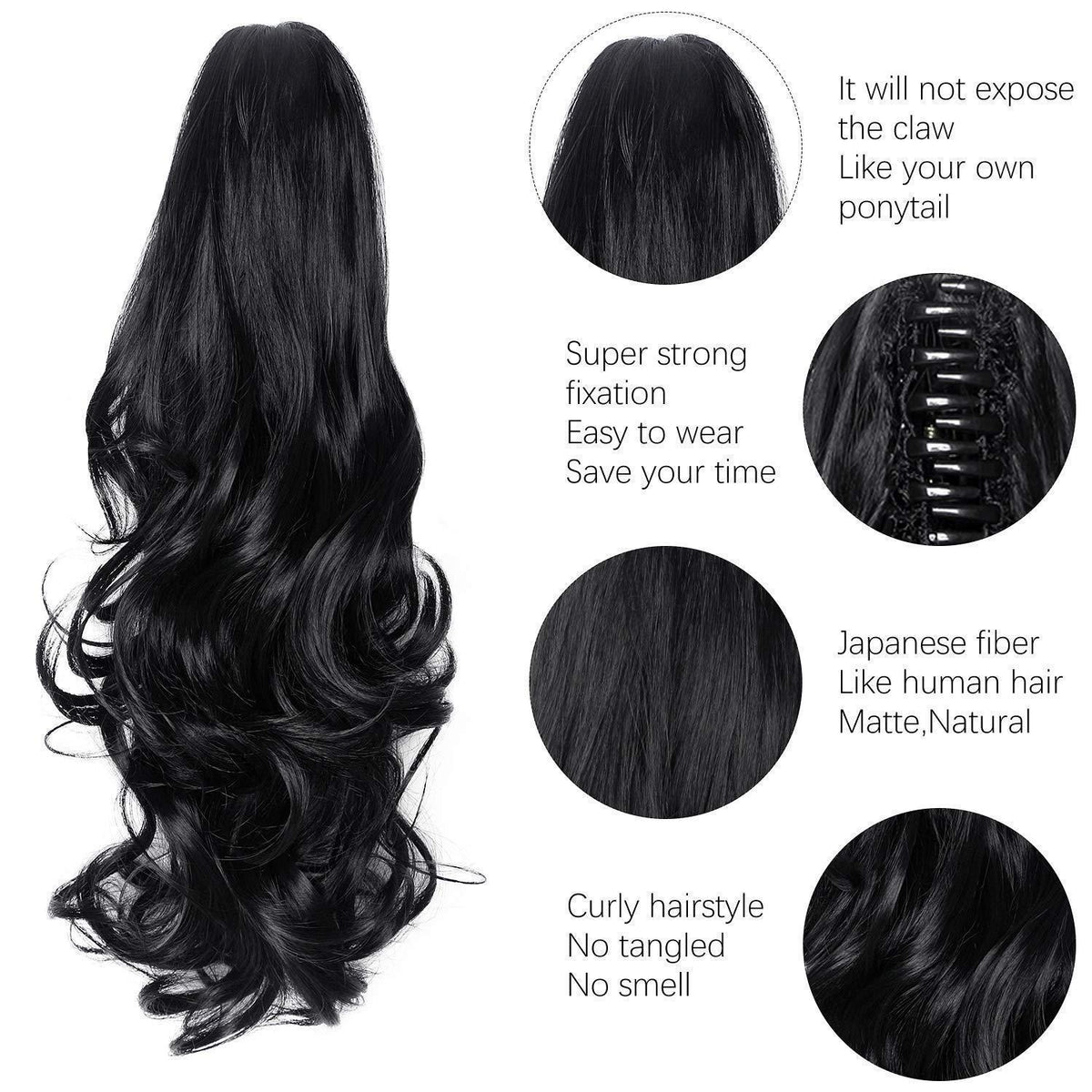 Gewellter Pferdeschwanz Clip-in 40cm – Schwarz