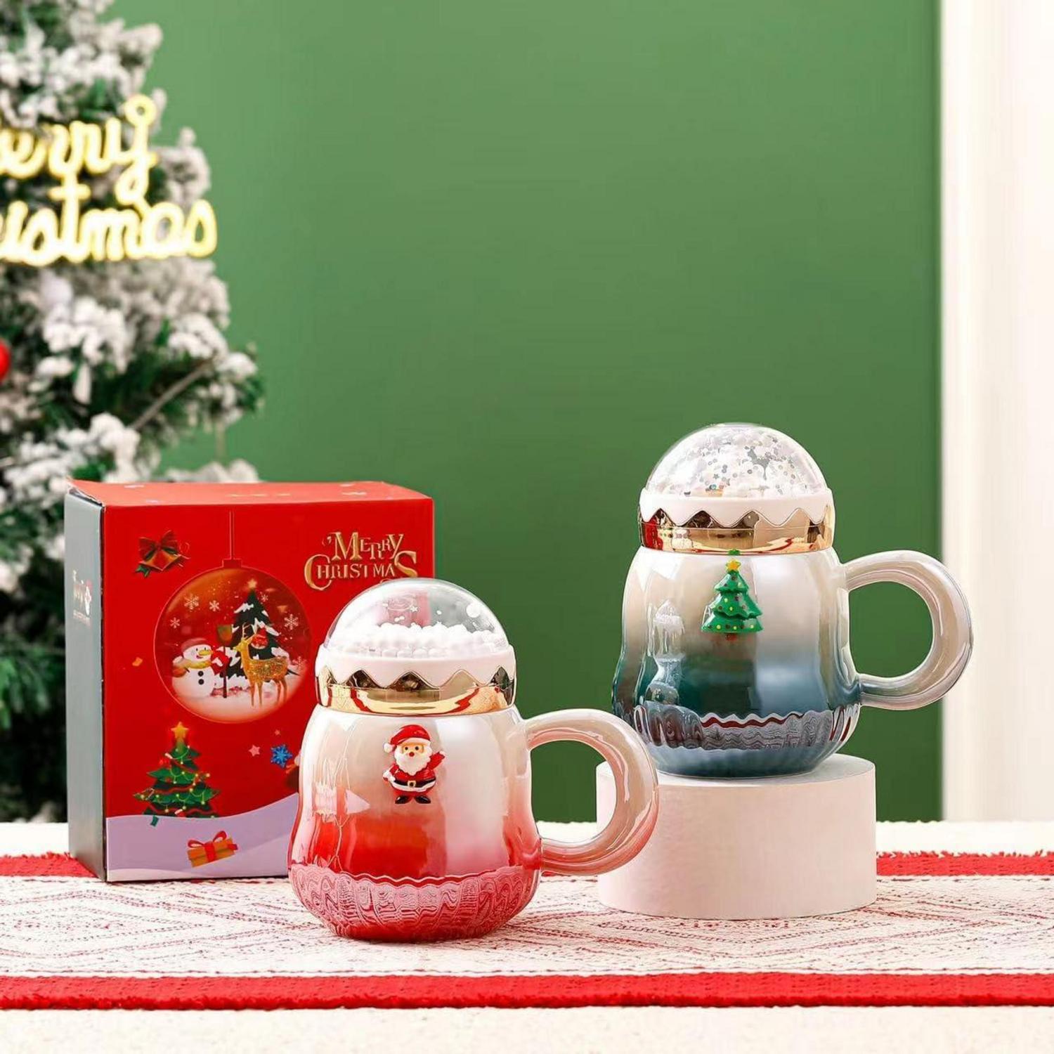 Weihnachtstasse Perlenglanz Keramik Kaffeetasse mit Deckel 450ml Grün