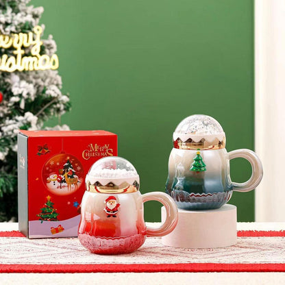 Weihnachtstasse Perlenglanz Keramik Kaffeetasse mit Deckel 450ml Grün