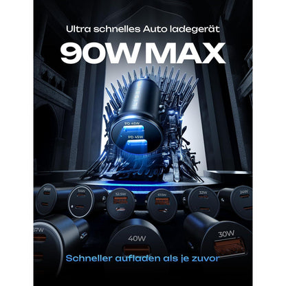 LISEN 90W Auto Ladegerät USB C Verteiler PD45W Schwarz