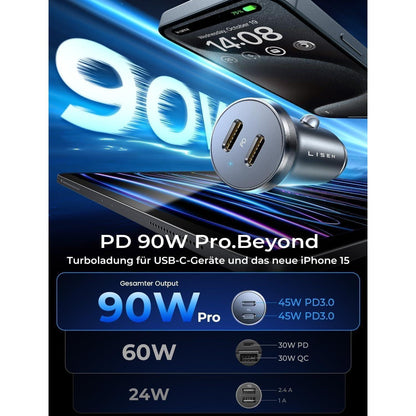 LISEN 90W Auto Ladegerät USB C Verteiler PD45W Schwarz