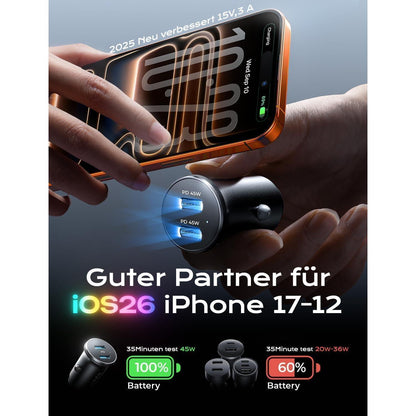 LISEN 90W Auto Ladegerät USB C Verteiler PD45W Schwarz