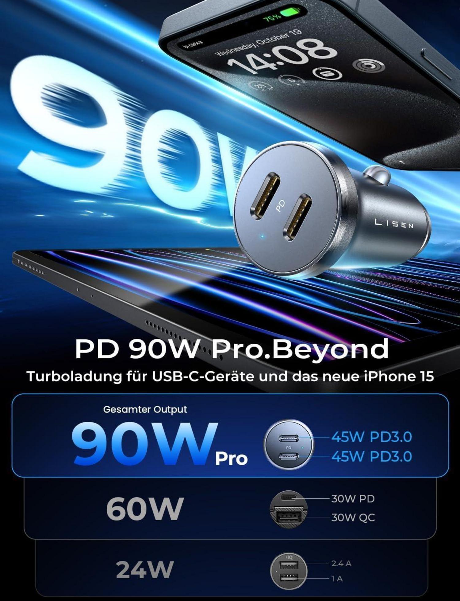 LISEN 90W Auto Ladegerät USB C Verteiler PD45W Schwarz