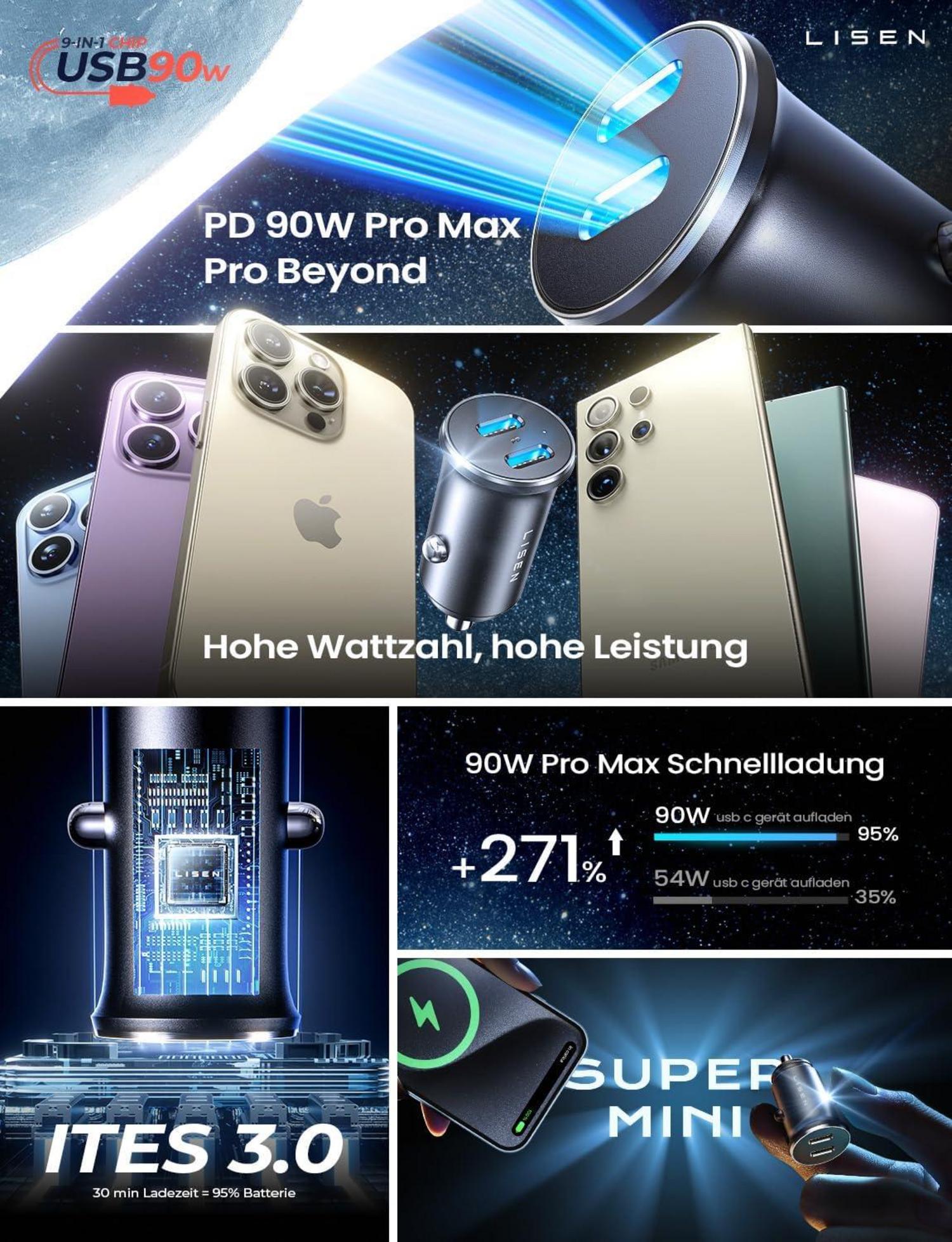 LISEN 90W Zigarettenanzünder USB C Verteiler 12v Steckdose PD45W Auto