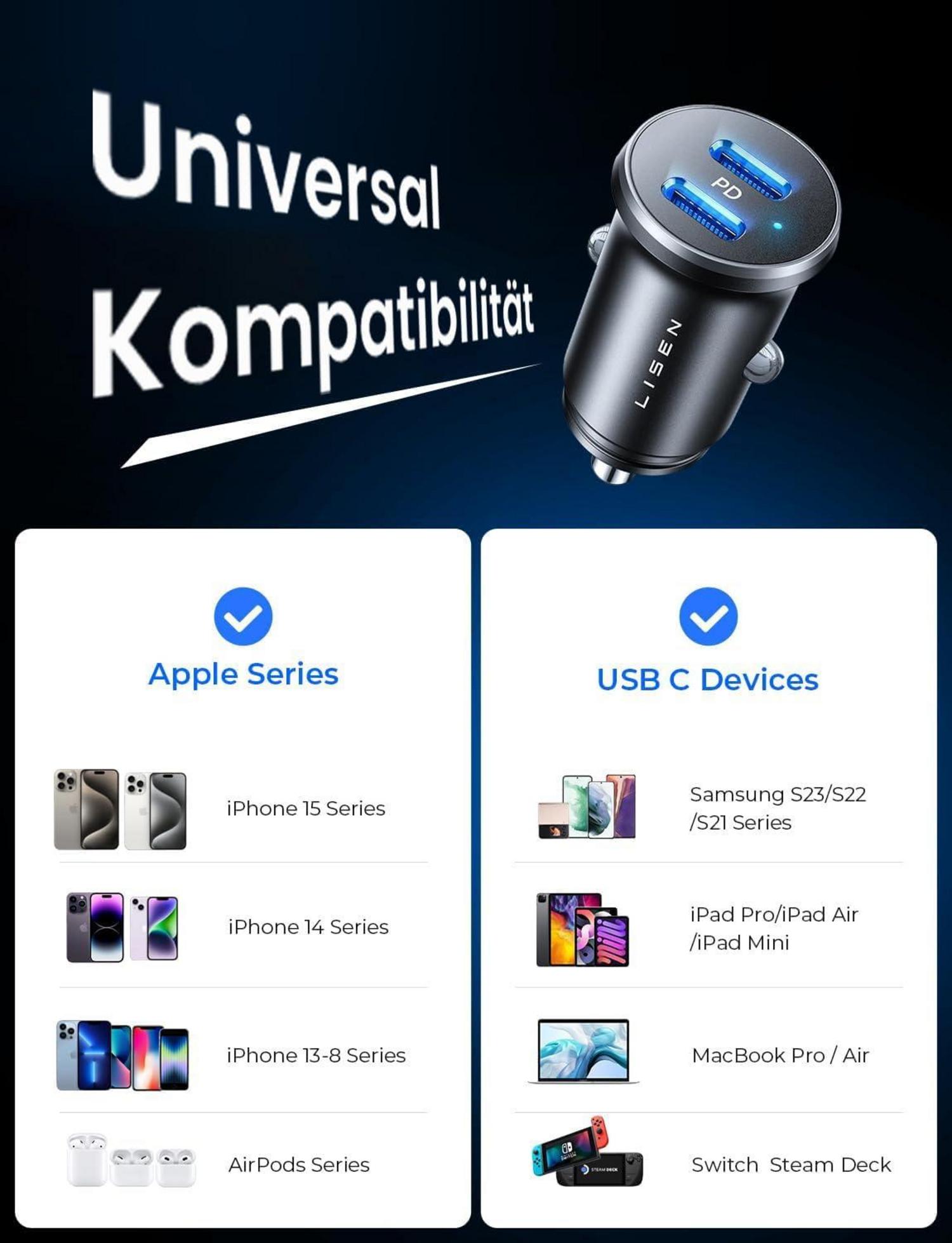 90W Zigarettenanzünder 12V USB C Mini Titanium PD45W Auto Ladegerät S23 Schwarz
