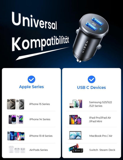90W Zigarettenanzünder 12V USB C Mini Titanium PD45W Auto Ladegerät S23 Schwarz
