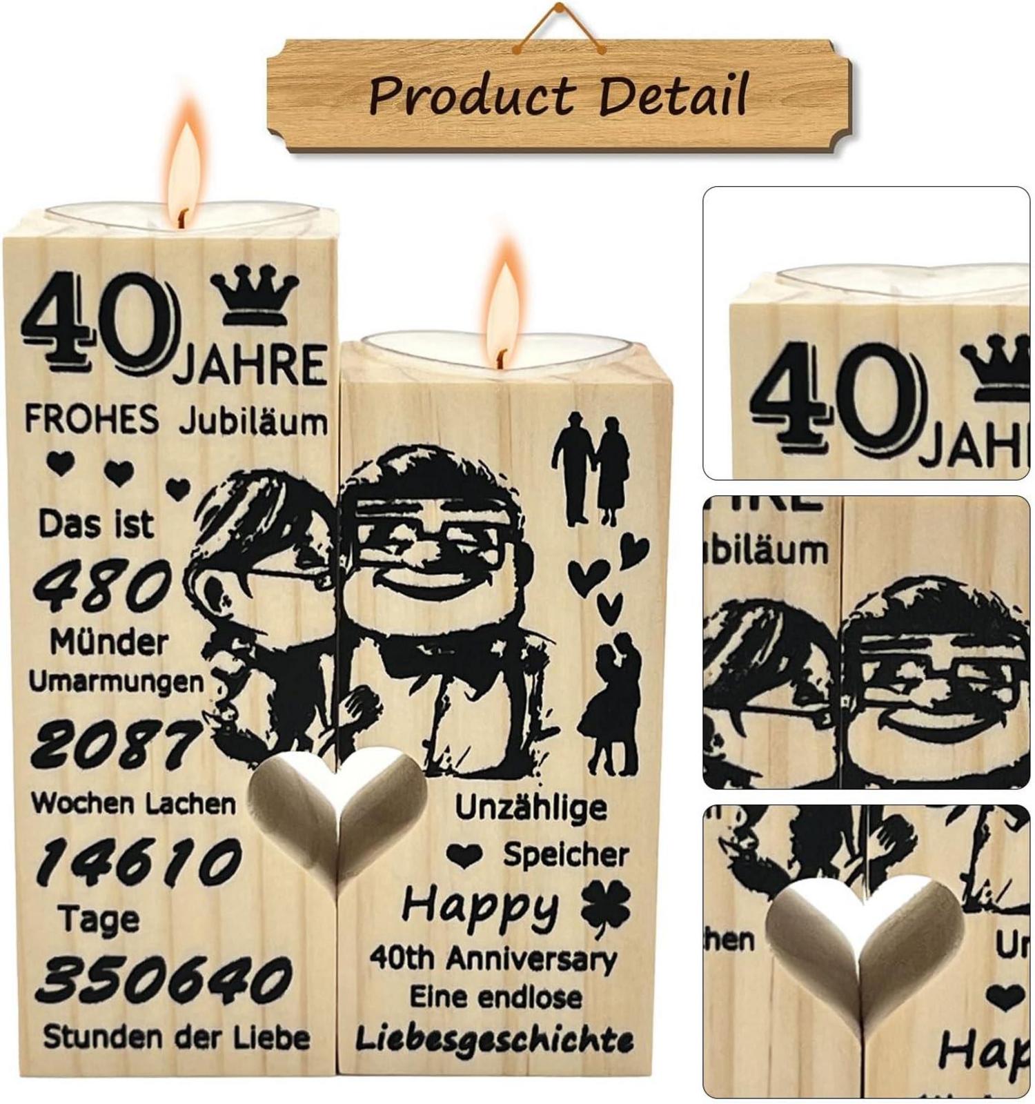 40. Hochzeitstag Kerzenhalter Holz Herz Design Geschenk
