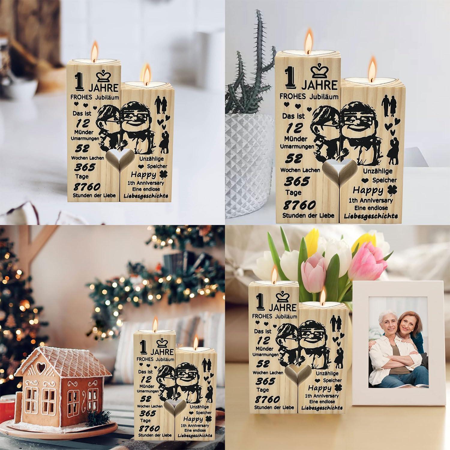 1. Jahrestag Hochwertiges Kerzenständer Set Holz Geschenk-Set