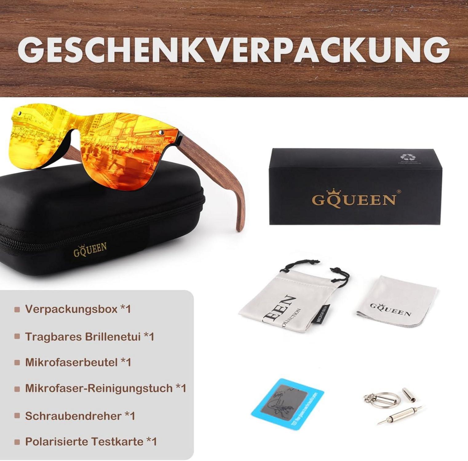 GQUEEN Polarisierte Holz Sonnenbrille Herren Damen Retro UV400