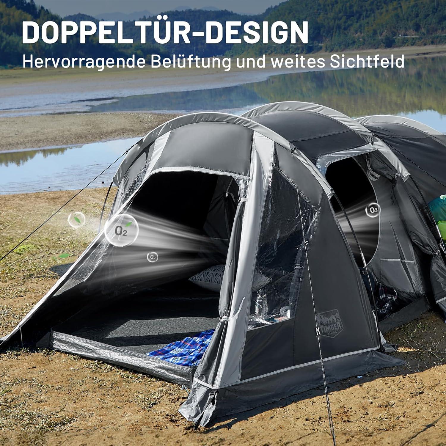 Timber Ridge Tunnelzelt 3 Personen Camping wasserdicht 3000mm Grau