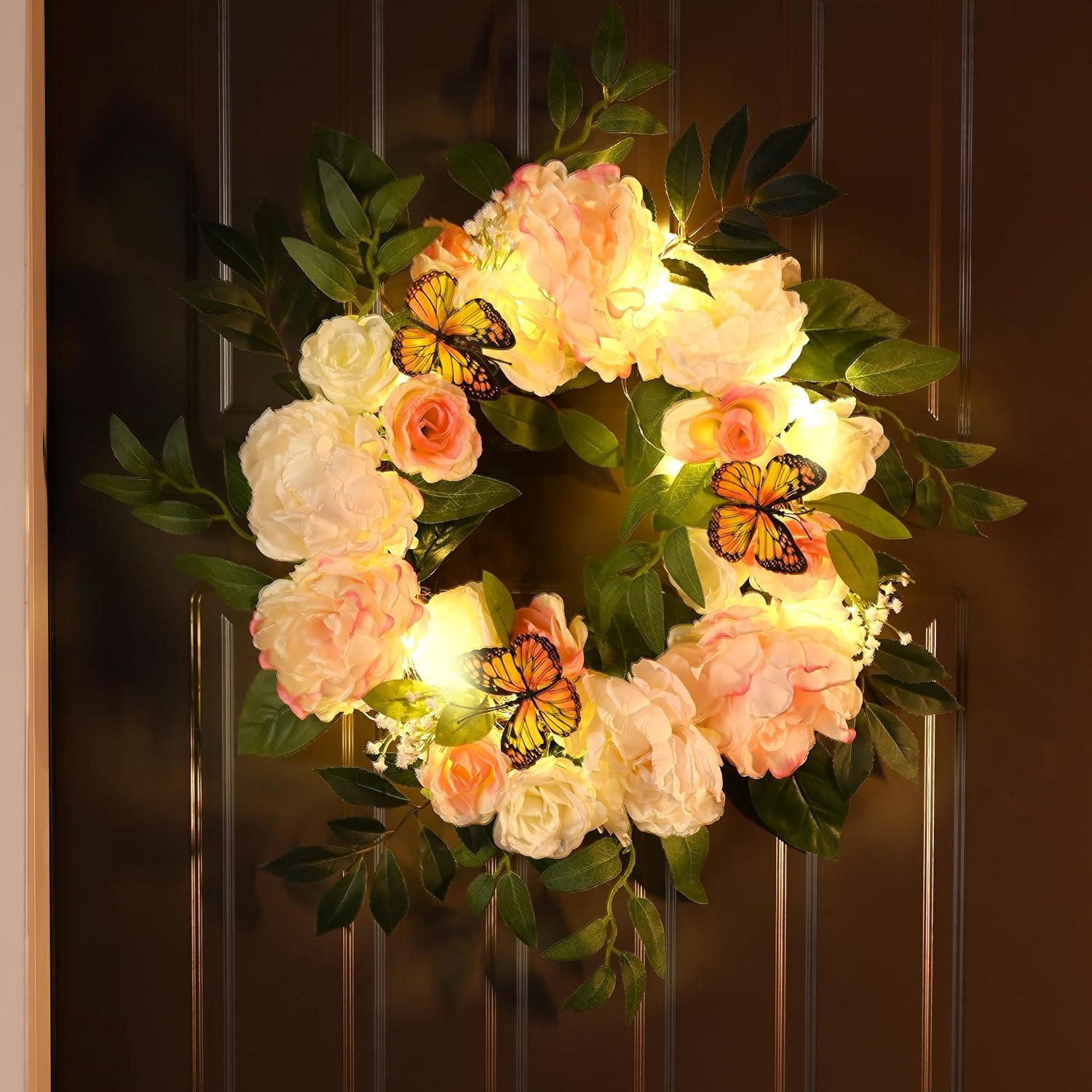 Künstlicher Blumenkranz mit LED Licht für Frühlingsdeko