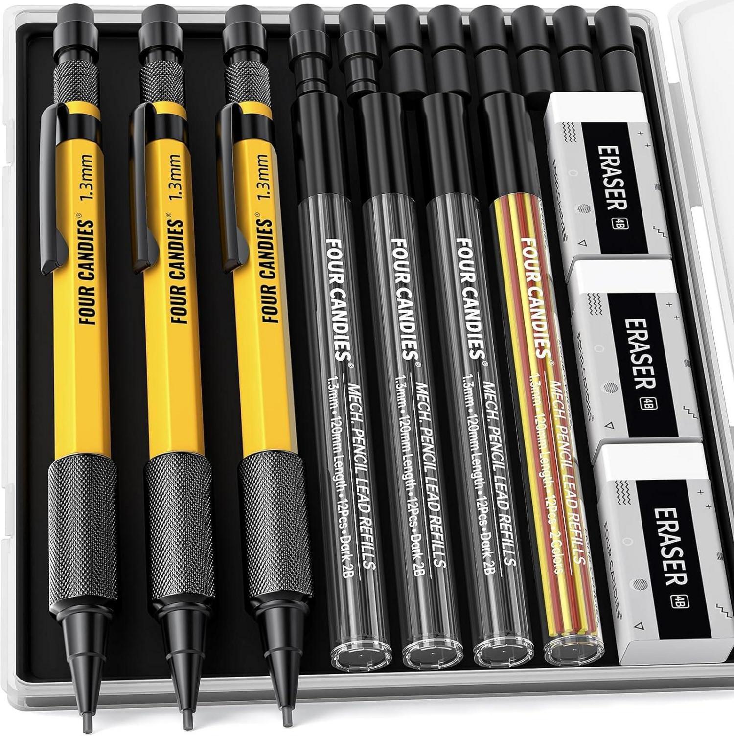 Set mit 3x 1,3 mm Druckbleistifte, 48 Nachfüllungen & Zubehör