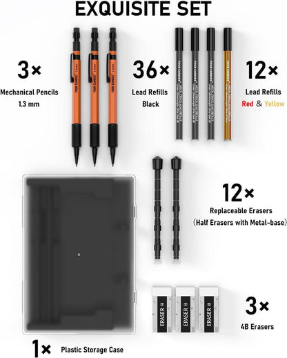 Druckbleistift Set 3 Stück Metall 1,3 mm + Etui, 48 Nachfüllungen