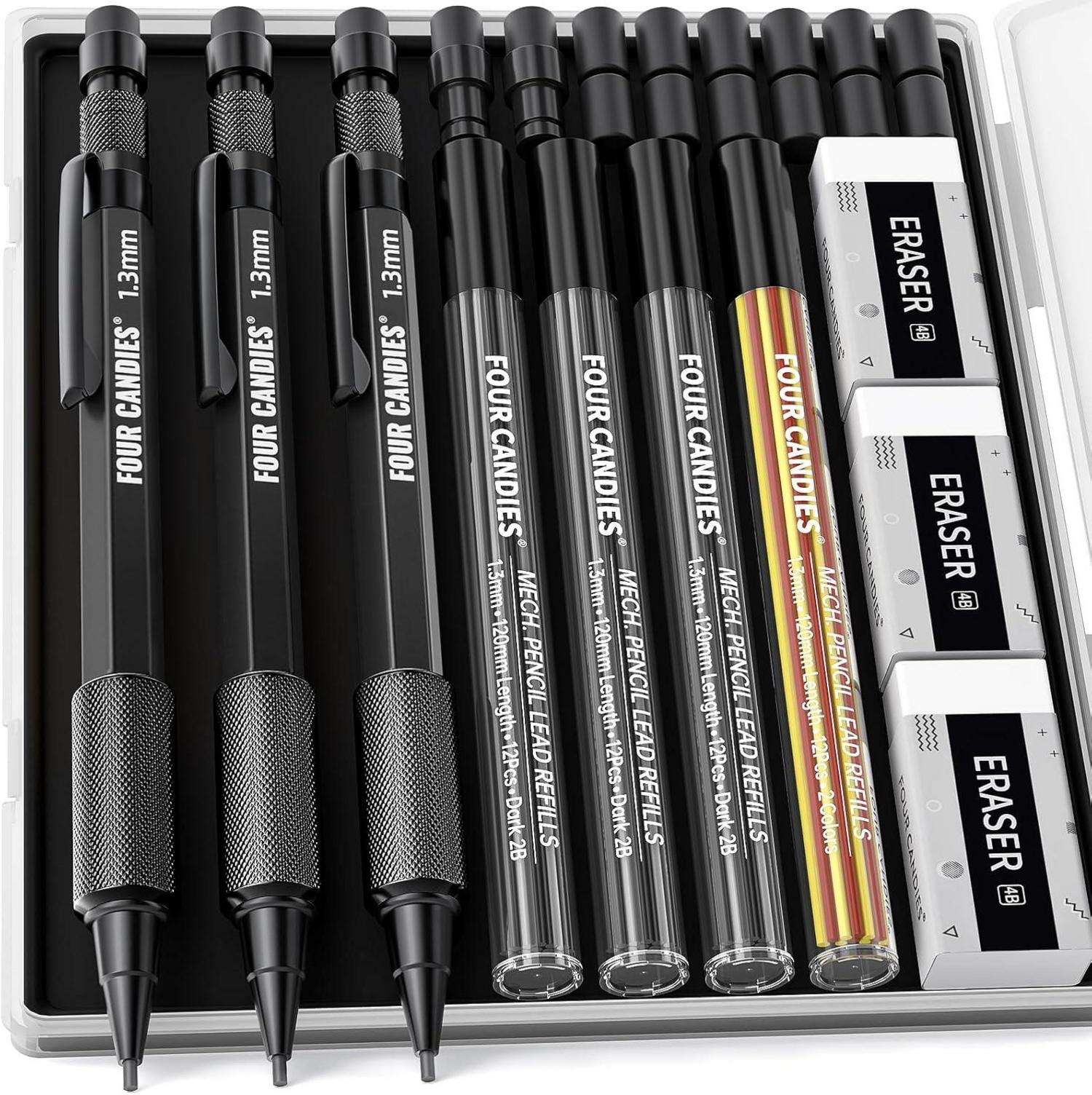 4 Candies 3 Stück Druckbleistift Set mit Metalletui, 48 Nachfüllungen