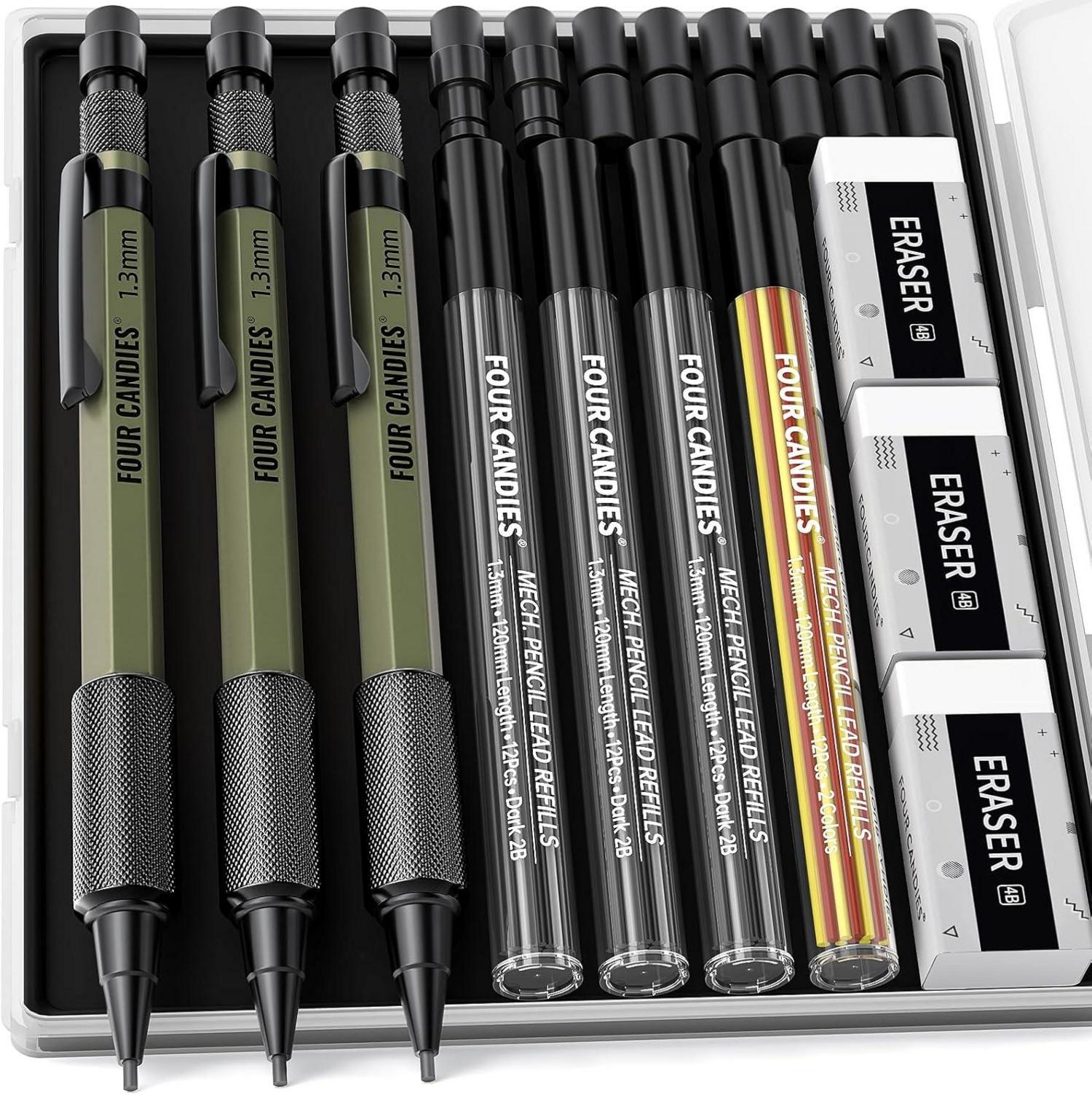 3er Set Metall-Druckbleistifte mit Nachfüllungen & Radiergummis