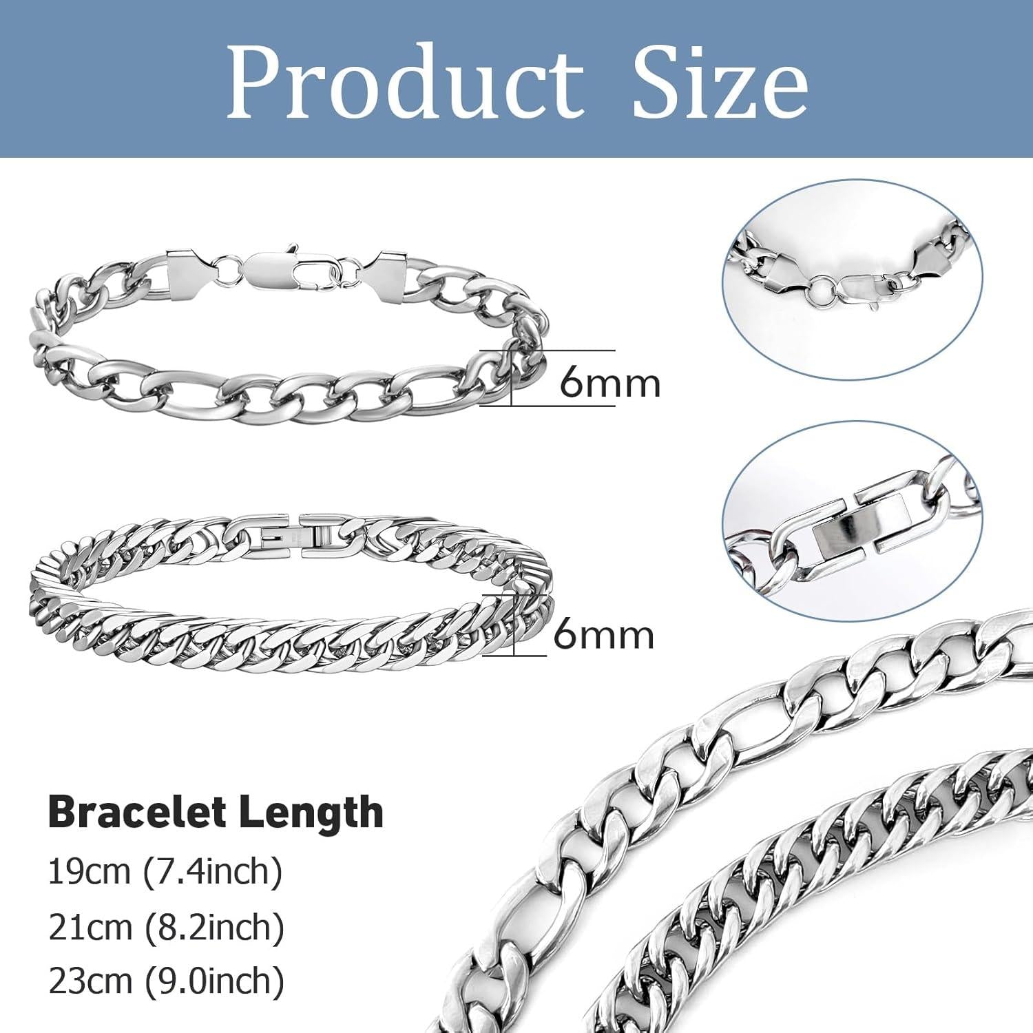 LOCCY Herren Armband Edelstahl Silber Panzerkette 6/8mm 19/21/23cm