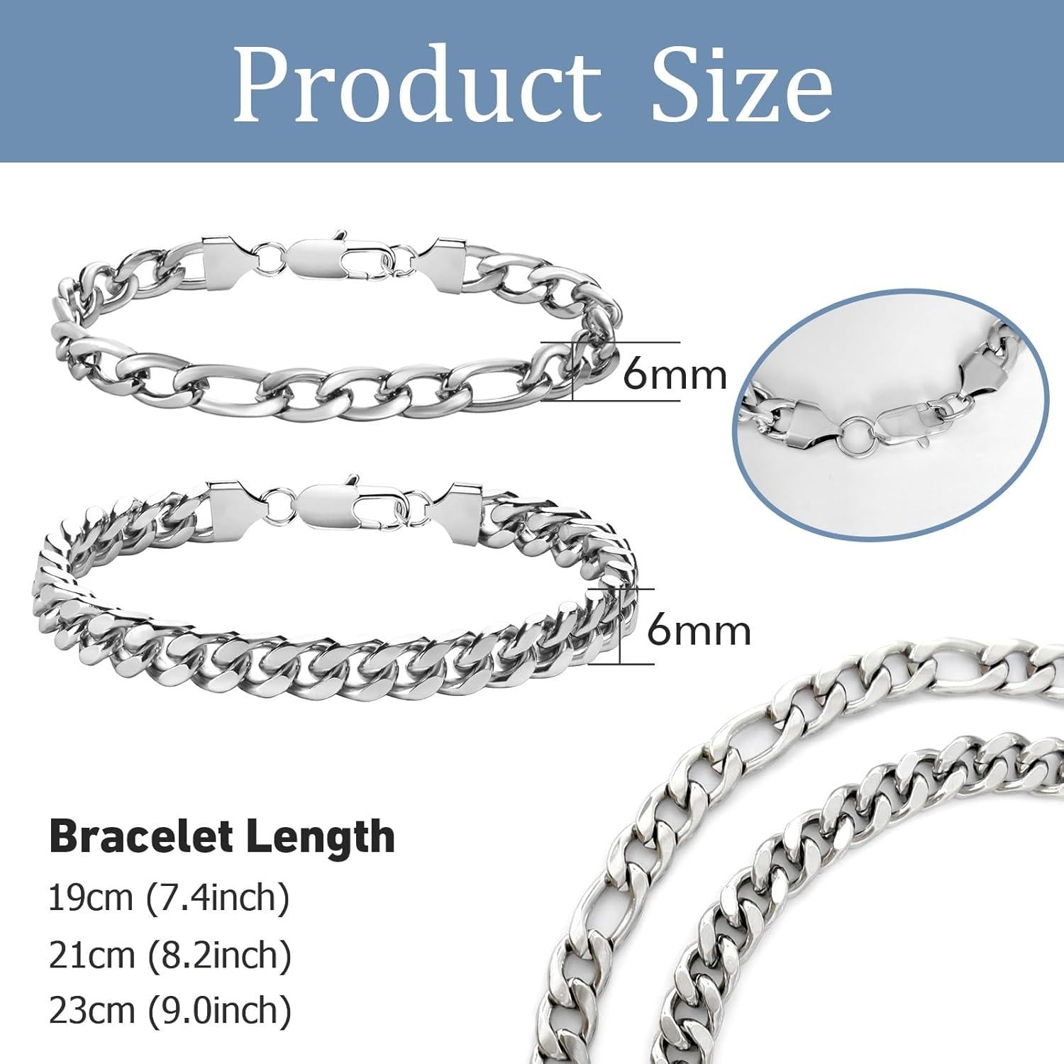 LOCCY Armband Herren Edelstahl Silber Panzerkette Figaro-Kettenarmband