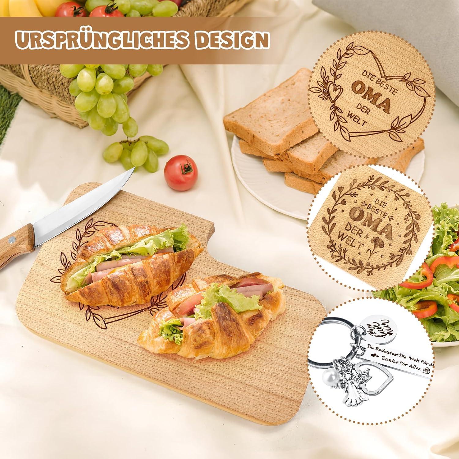 Hzdyopk Frühstücksbrettchen Geschenkset Beste Oma Geburtstag Weihnachts|Messer,Untersetzer,Schlüsselanhänger|Buchenholz