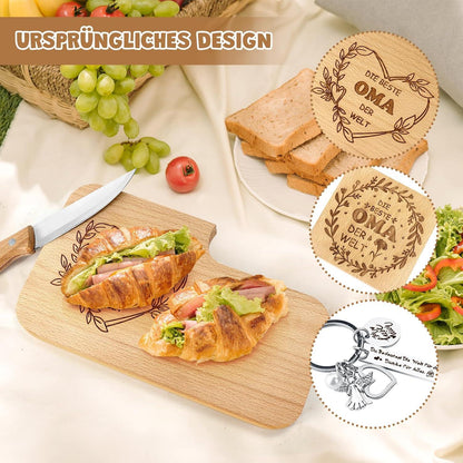 Hzdyopk Frühstücksbrettchen Geschenkset Beste Oma Geburtstag Weihnachts|Messer,Untersetzer,Schlüsselanhänger|Buchenholz