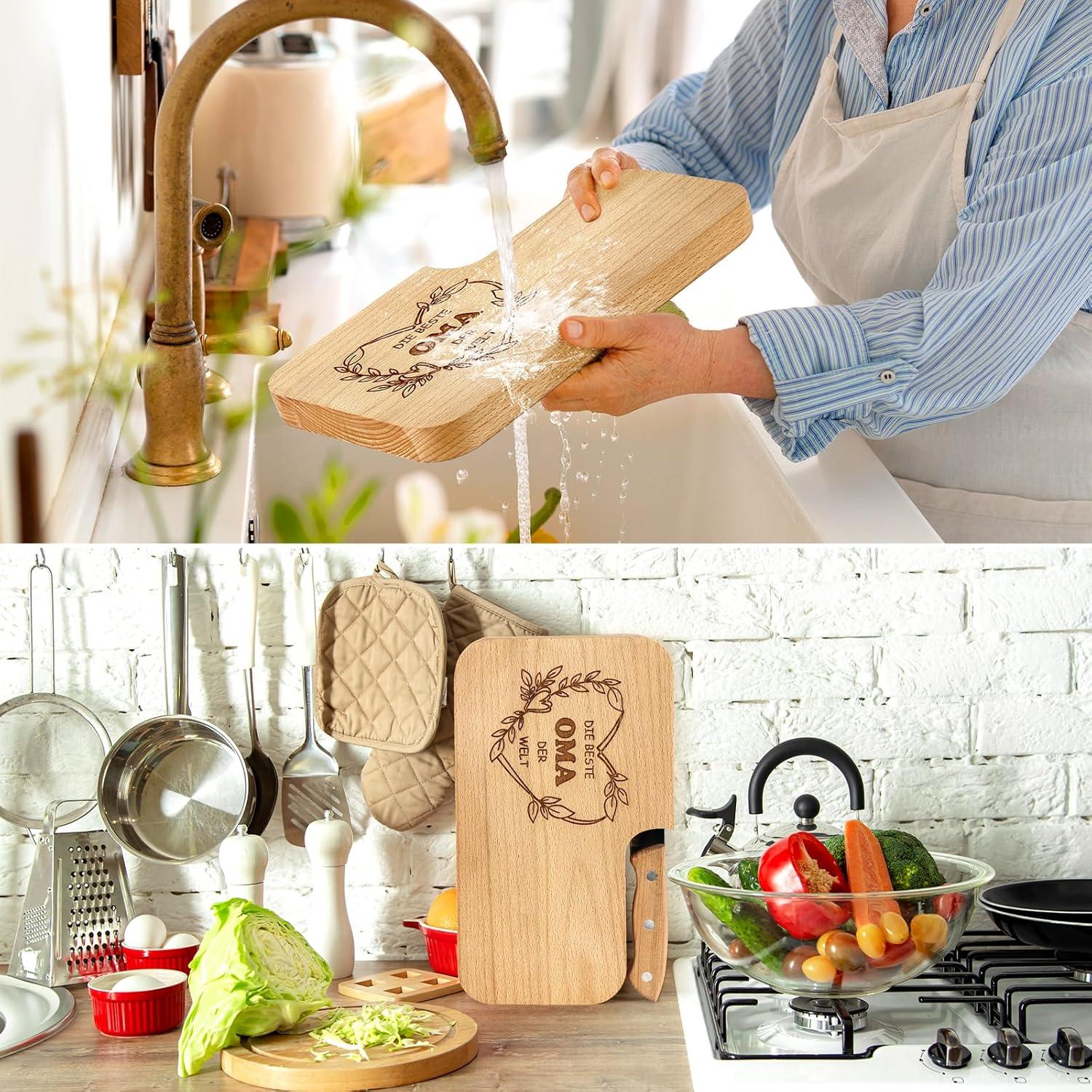 Frühstücksbrettchen Geschenk Oma Buchenholz inkl. Messer & Untersetzer