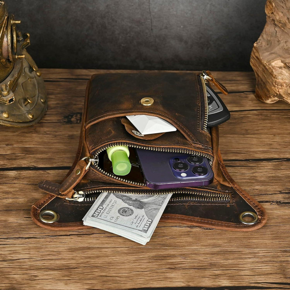 Herren Canvas & Leder Beintasche Motorrad Hüfttasche Braun