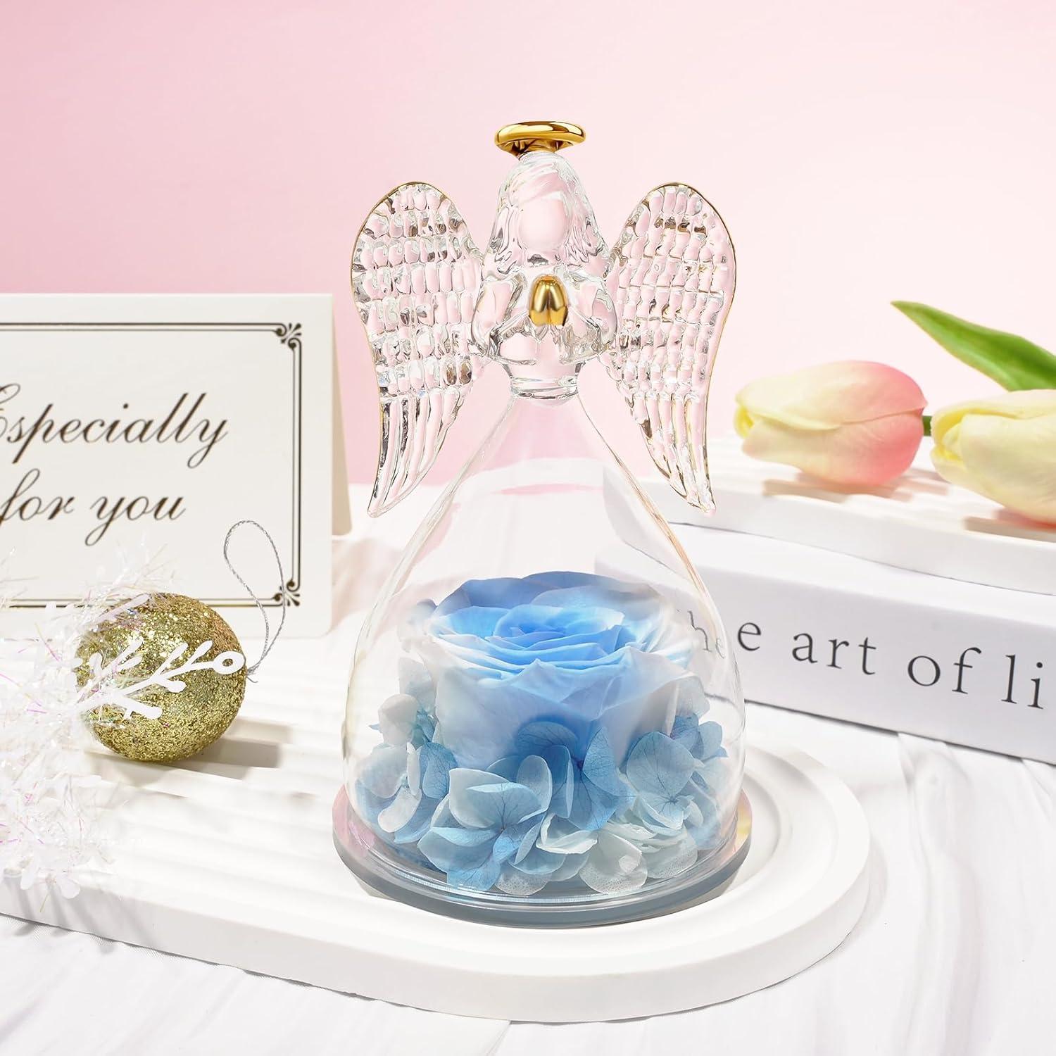 Ewige Rose mit Engel Figur in Glaskuppel Weiß Blau