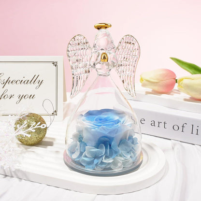 Ewige Rose mit Engel Figur in Glaskuppel Weiß Blau