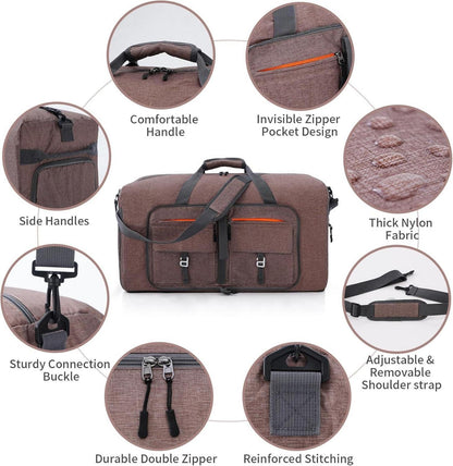 Faltbare Reisetasche 65L Sporttasche mit Schuhtasche Braun Unisex
