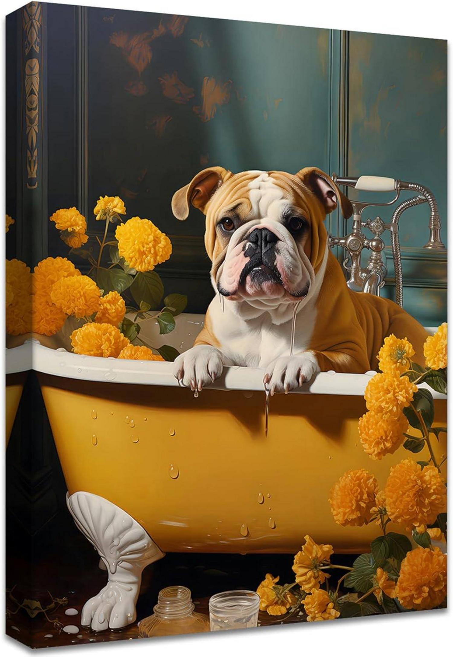 Senfgelb Bulldogge Badewanne Leinwandbilder 30x40cm