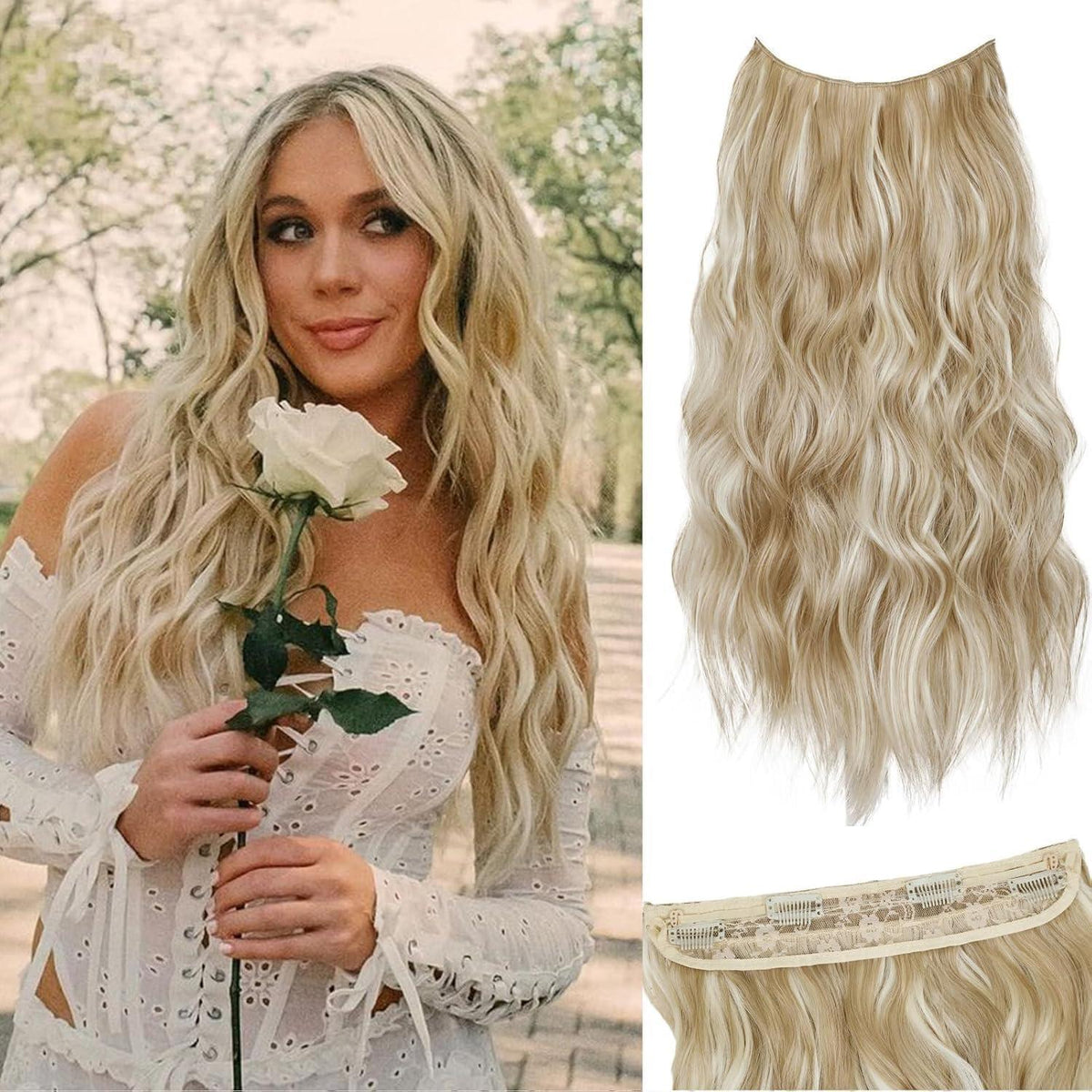 Lange gewellte Haarverlängerung Blond mit Clips & Draht 50cm