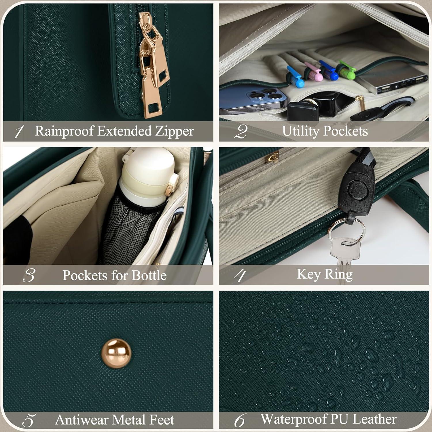 Damen Handtasche Umhängetasche 2in1 Shopper 15.6 Zoll PU Leder Grün
