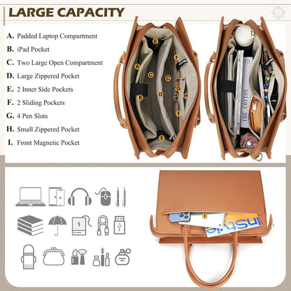Große Damen Handtasche Braun PU Leder Laptoptasche 15.6 Zoll