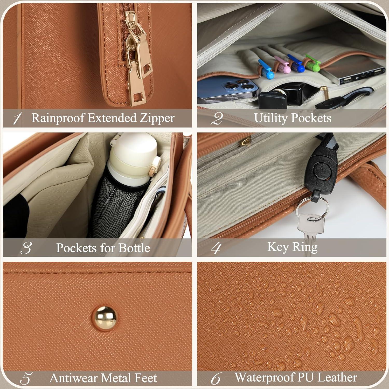 RAINSMORE Handtasche Damen Umhängetasche 15.6 Zoll Laptoptasche Braun