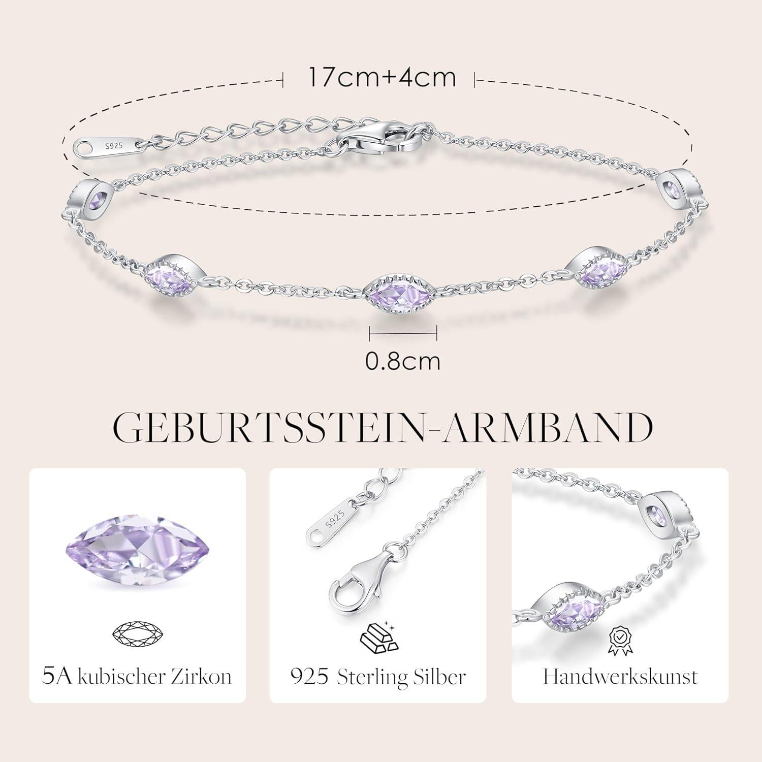 Pferdeaugen Armband Damen 925 Sterling Silber Zirkonia Gold Verstellbar Geburtsstein Weihnachtsgeschenk