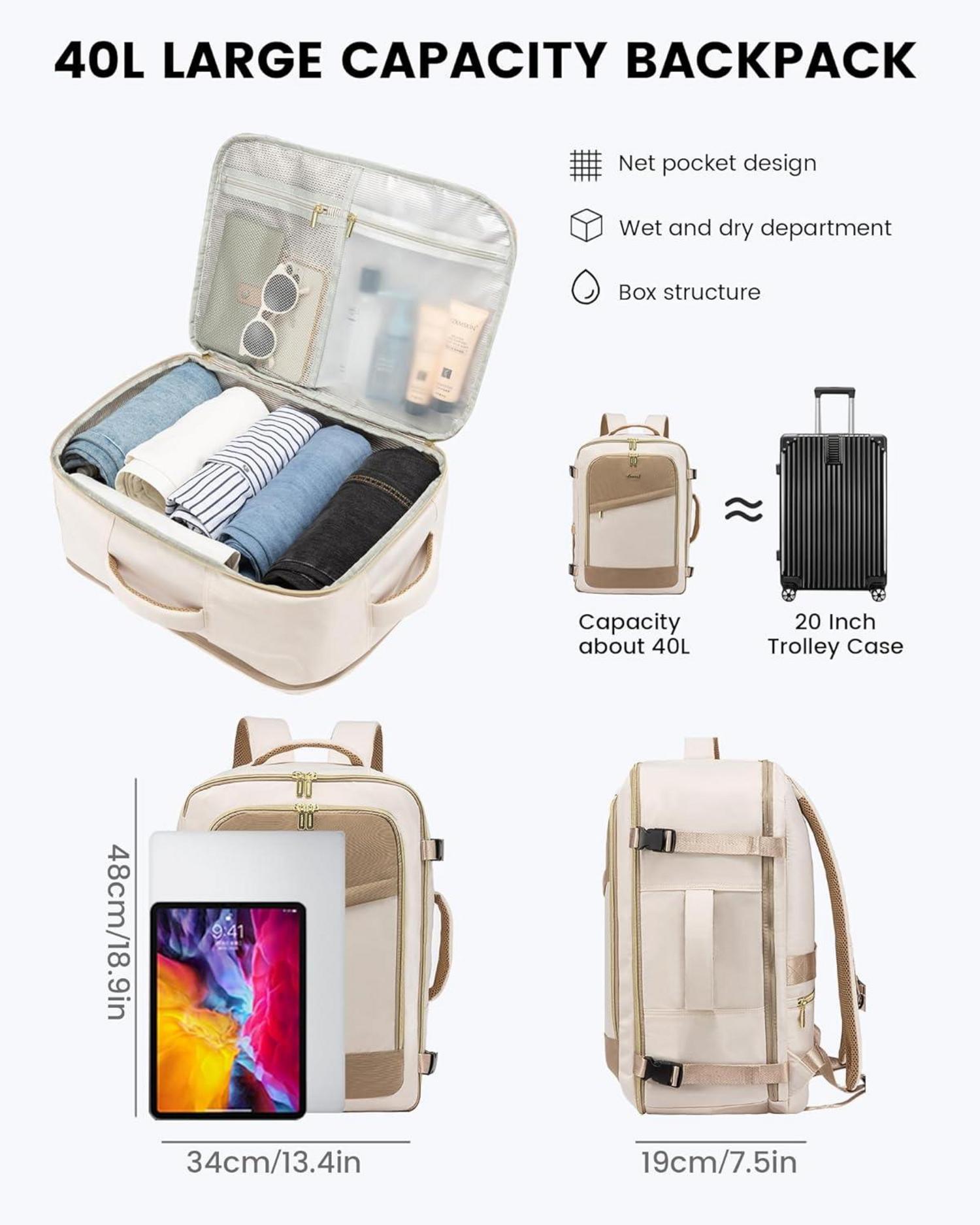 Handgepäck Rucksack Damen 40L, Reiserucksack Wasserdicht