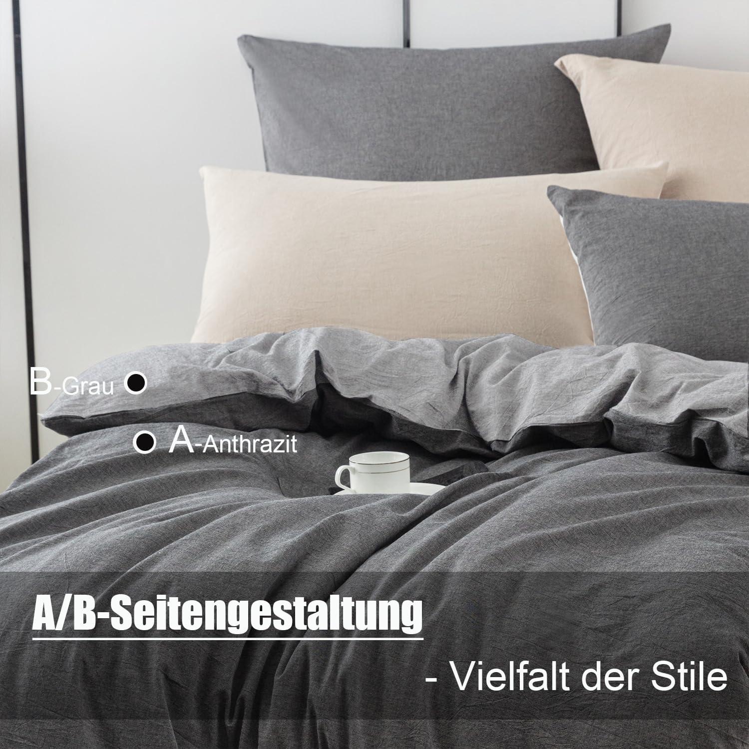 Premium Bettwäsche Set 135x200 Anthrazit Grau Baumwolle