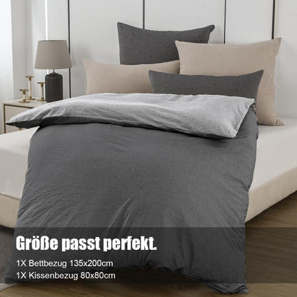 Soifox Bettwäsche 135x200 Baumwolle Anthrazit/Grau - Premium Set - Atmungsaktiv - Reißverschluss