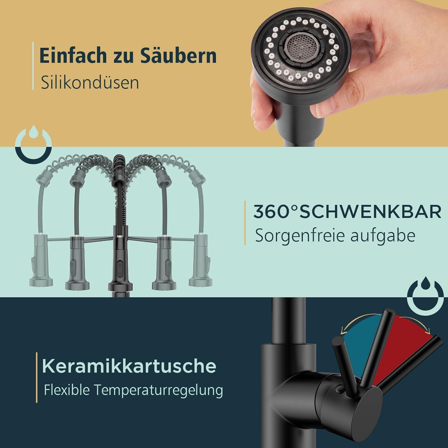 Moderne Schwarz Edelstahl Wasserhahn Küche Ausziehbar 360° Drehbar