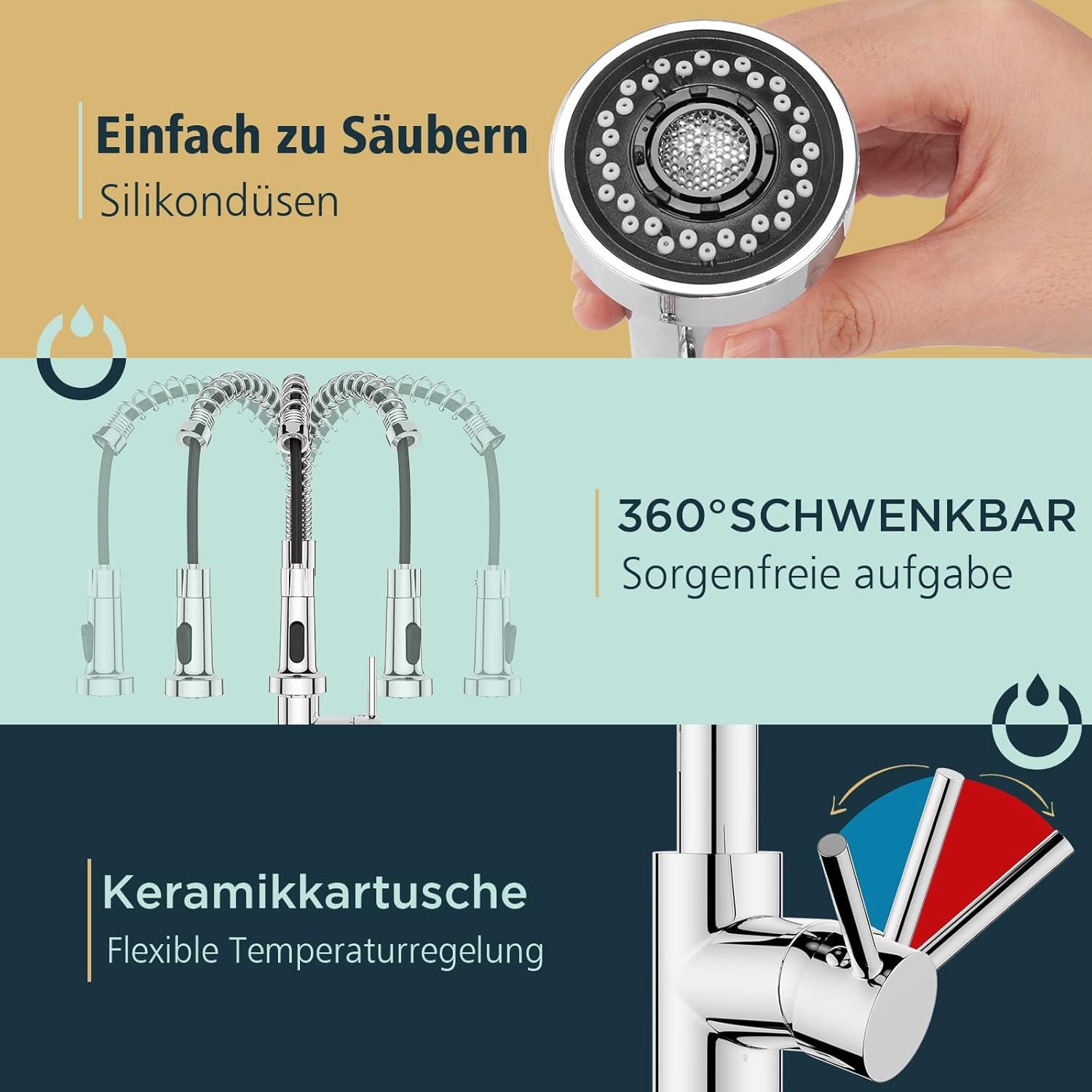 FORIOUS Küchenarmatur Edelstahl mit ausziehbarer Brause 360° Drehbar