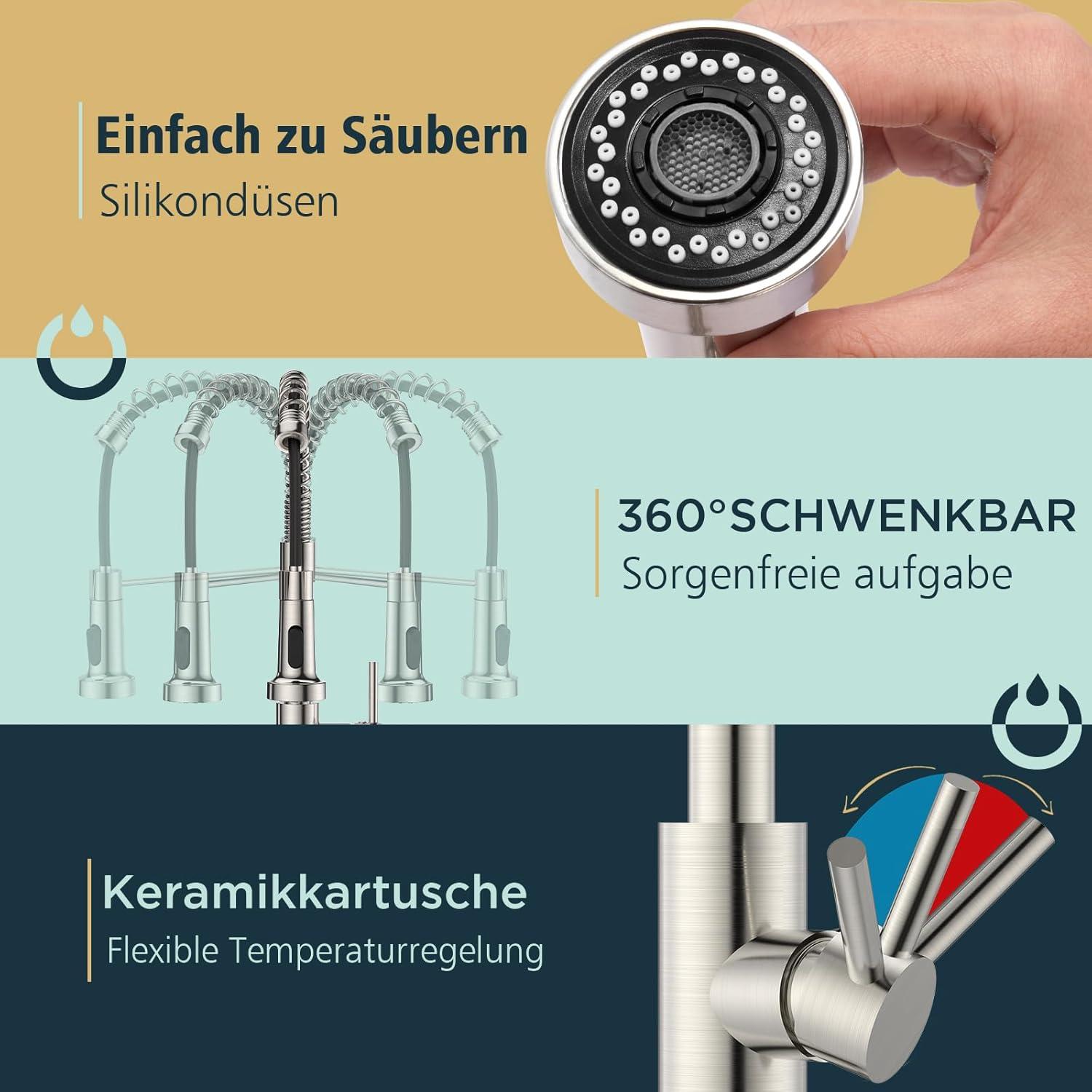 FORIOUS Edelstahl Küchenarmatur mit ausziehbarer Brause