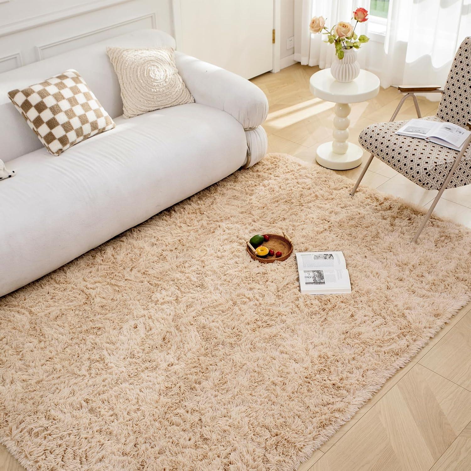 Wohnzimmer Teppich antirutsch Beige Hochflor Shaggy 90x150cm