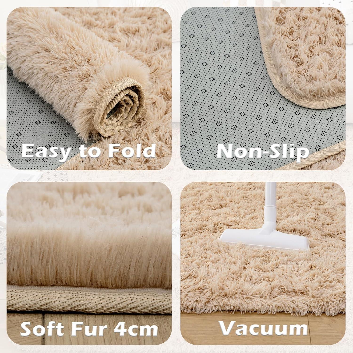 Hochflor Shaggy Teppich Beige Wohnzimmer Schlafzimmer Teppich 90x150cm