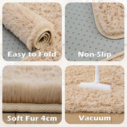 Hochflor Shaggy Teppich Beige Wohnzimmer Schlafzimmer Teppich 90x150cm