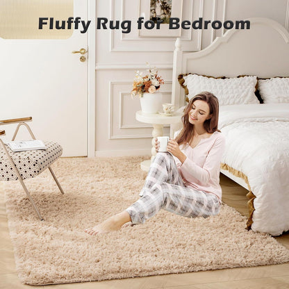 Hochflor Shaggy Teppich Beige Wohnzimmer Schlafzimmer Teppich 90x150cm