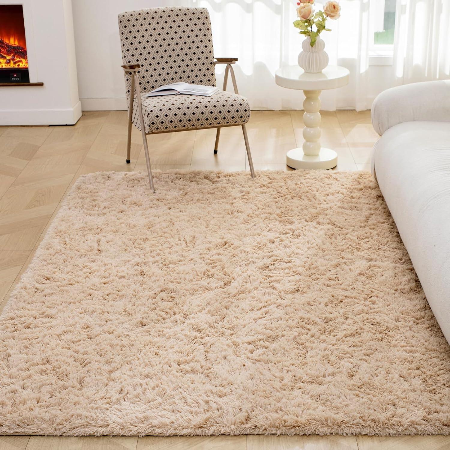 OMERAI Hochflor Shaggy Antirutsch Teppich Beige 90x150cm