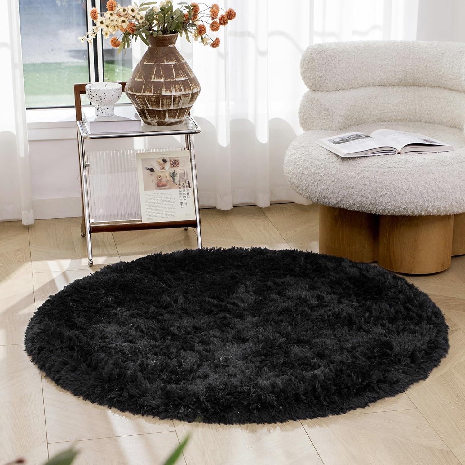 Runder Schwarz Hochflor Shaggy Teppich Waschbarer, Antirutsch